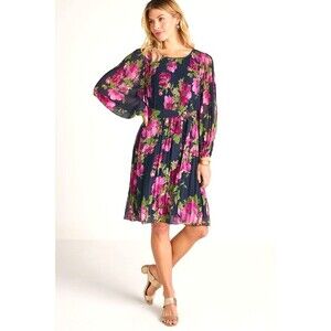 NEW Soft Surroundings Women's Size XL Ondine Black Floral Pleated Dress Lined
